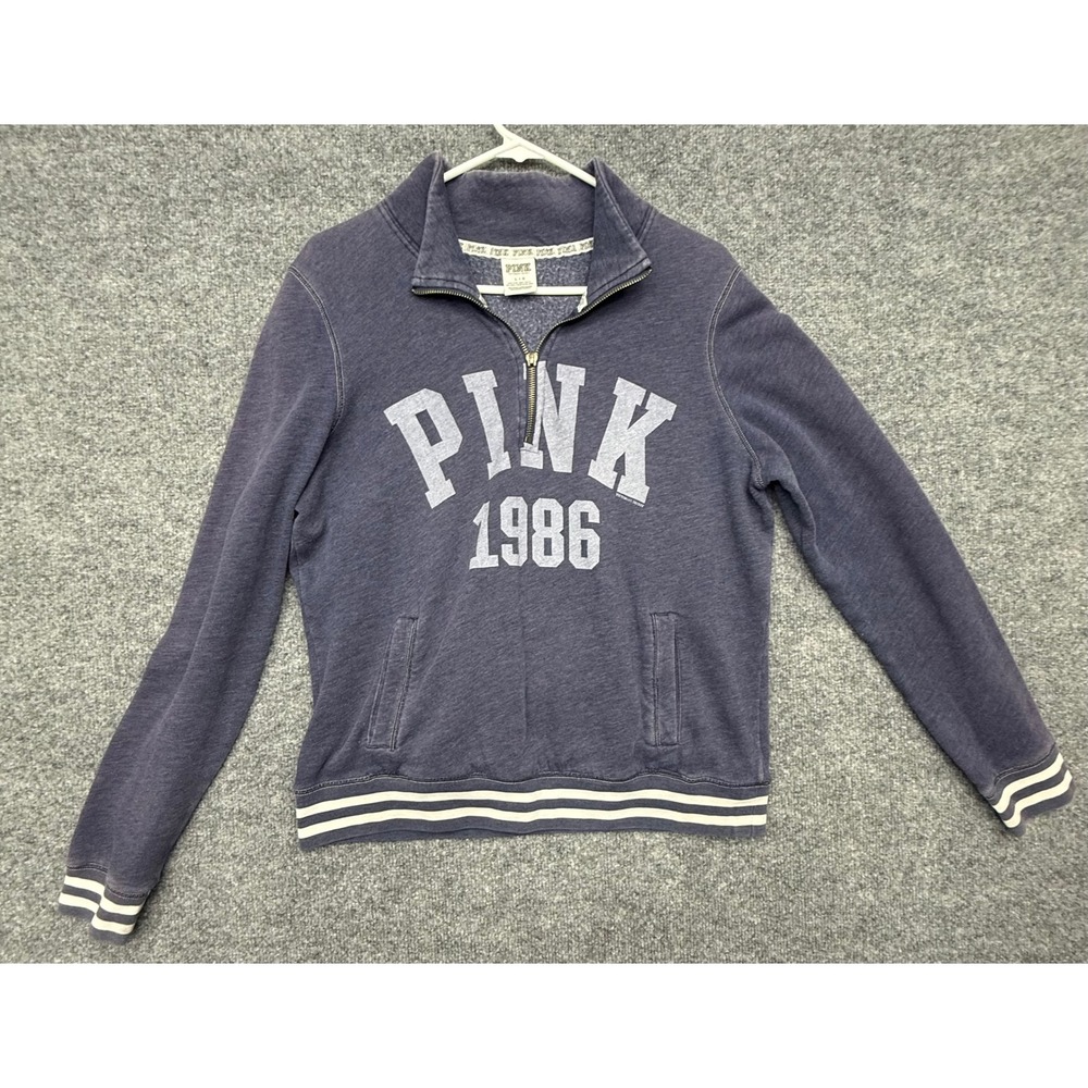 Pink Victoria's Secret Quarter Zip Pullover Sweatshirt Navy Blue Graphic Large